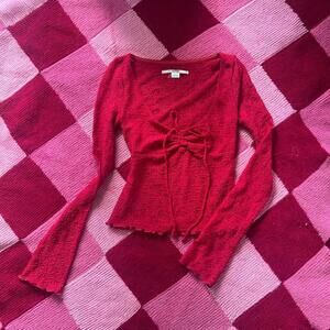 long sleeve red sheer lace top